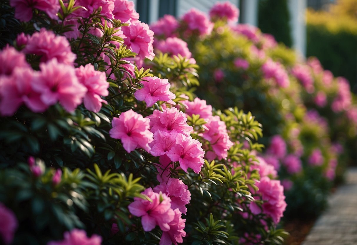 Azalea shrubs line the front of a house, creating a vibrant and colorful display