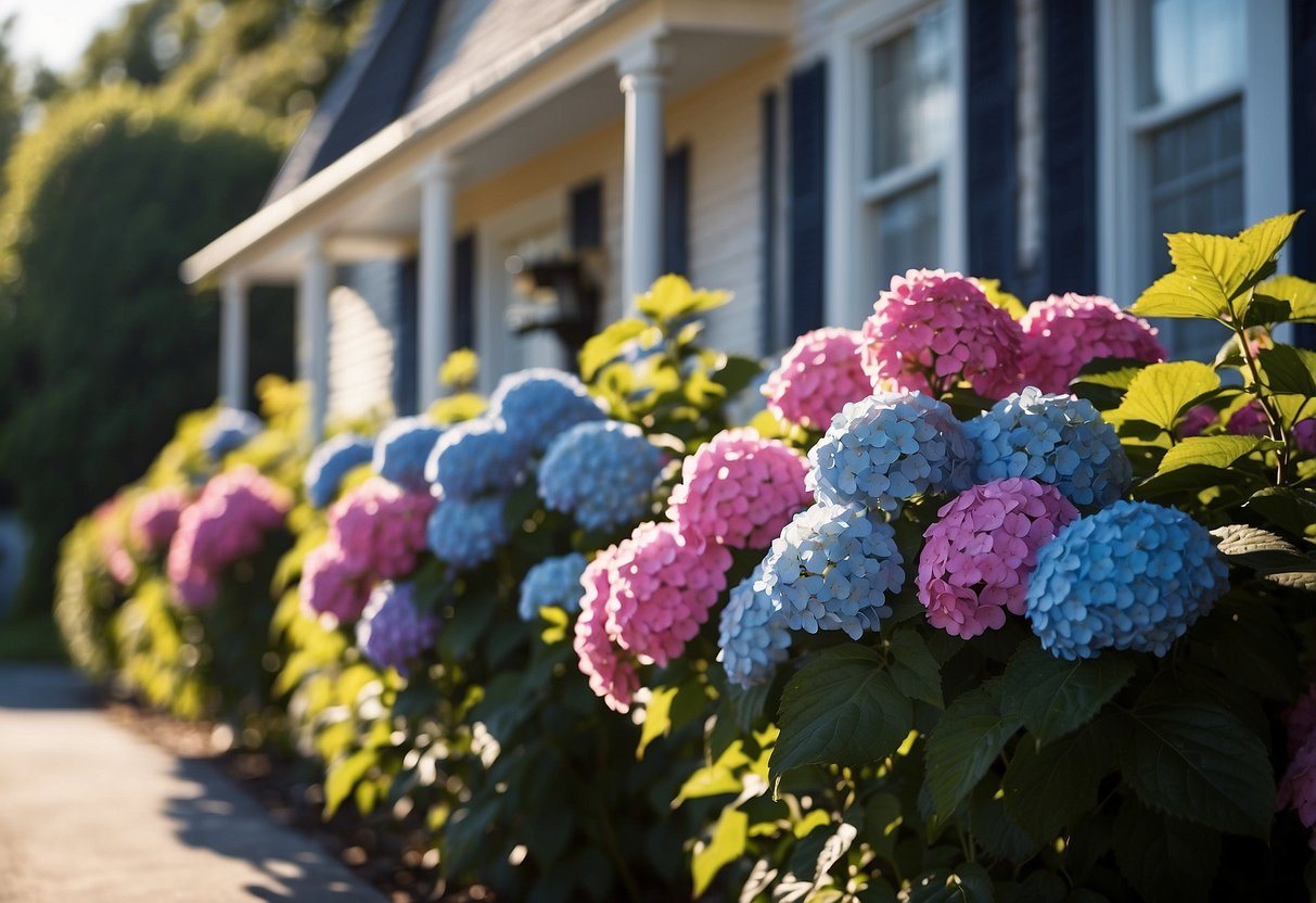 A row of 10 hydrangea shrubs lines the front of a house, with vibrant blooms in shades of blue, pink, and purple. The sun casts a warm glow on the flowers, creating a picturesque scene