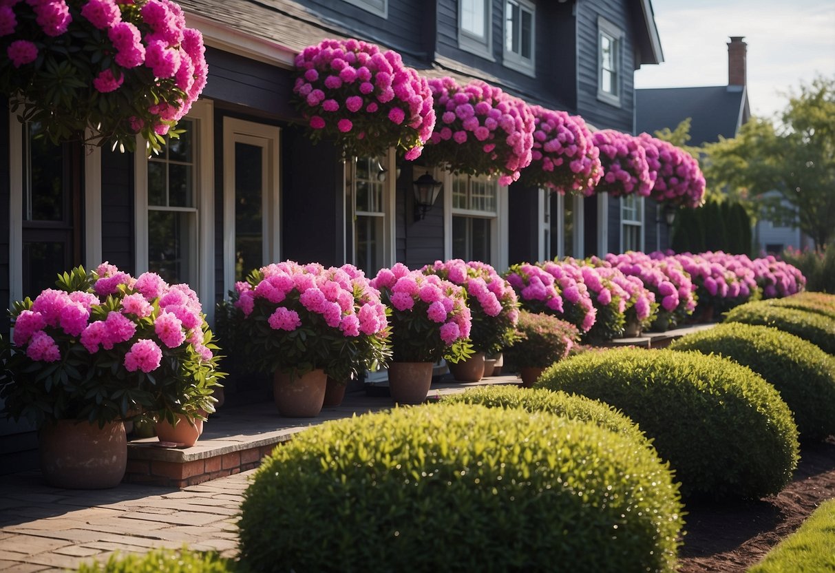 A row of ten rhododendron shrubs lines the front of a house, with vibrant pink and purple blooms creating a colorful and inviting entrance