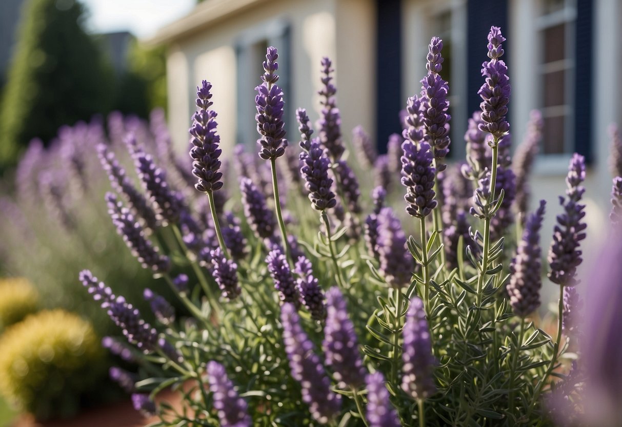 A row of 10 lavender shrubs lines the front of a house, creating a fragrant and colorful border