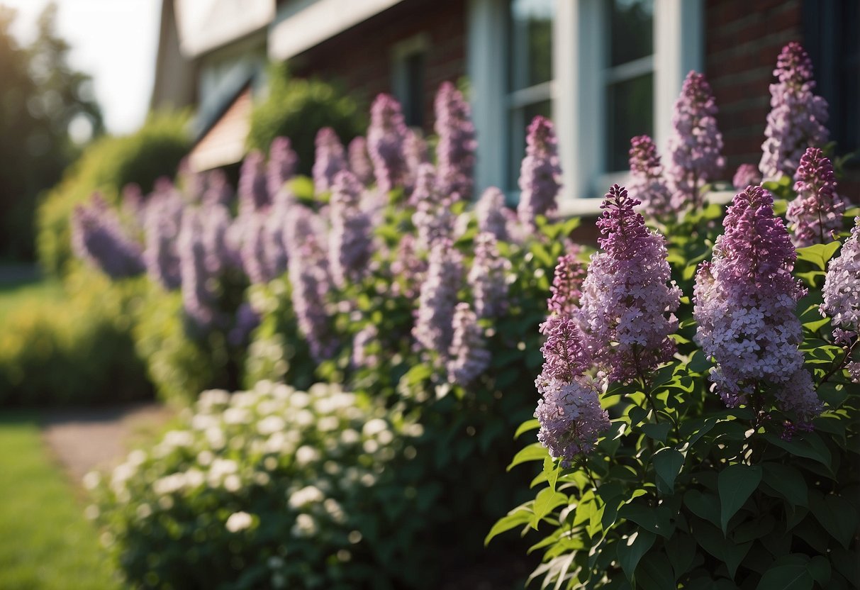 A row of 10 lilac shrubs line the front of a house, with vibrant purple flowers blooming among the green foliage