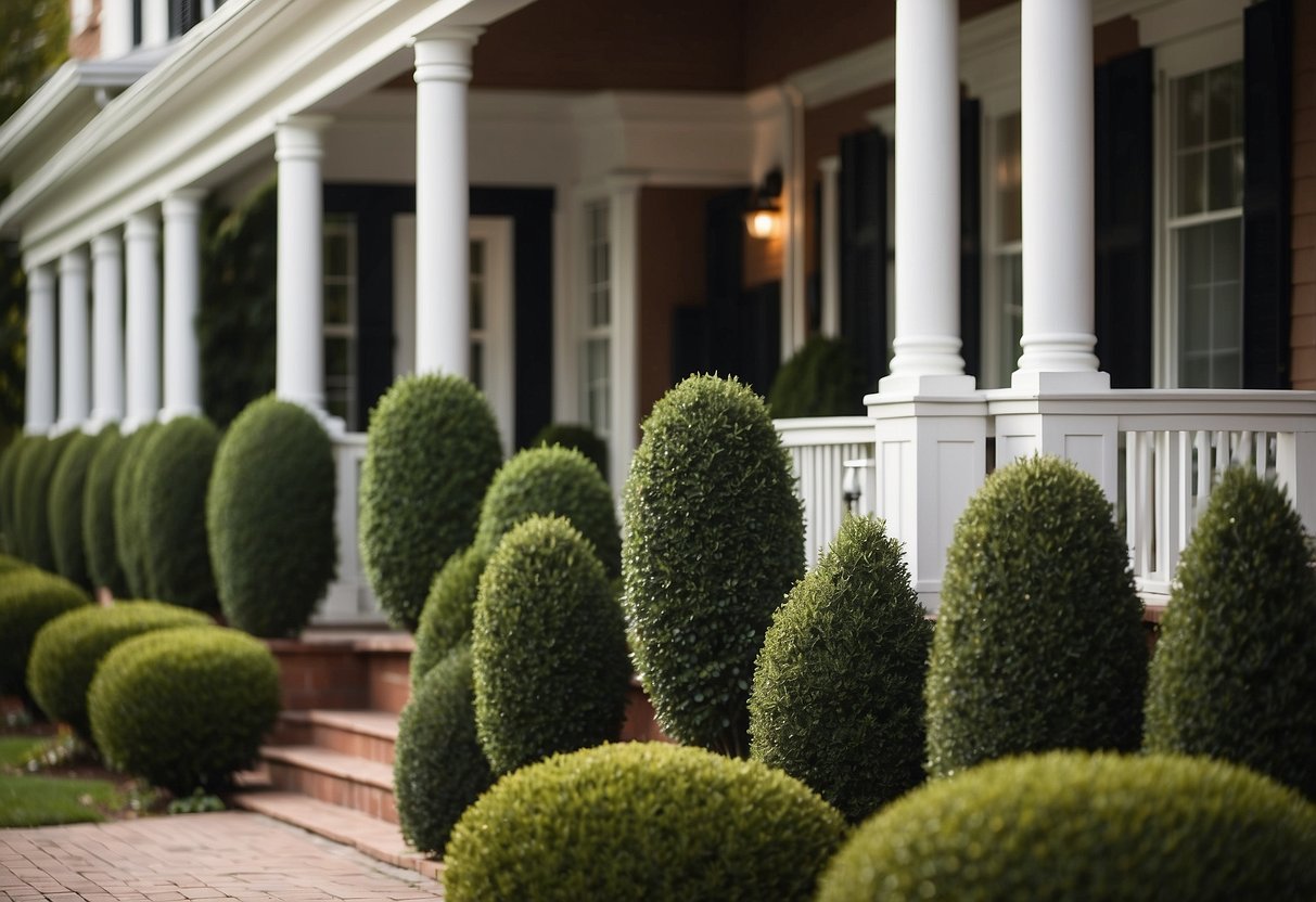 A row of 10 holly shrubs lines the front of a house, creating a symmetrical and inviting entrance