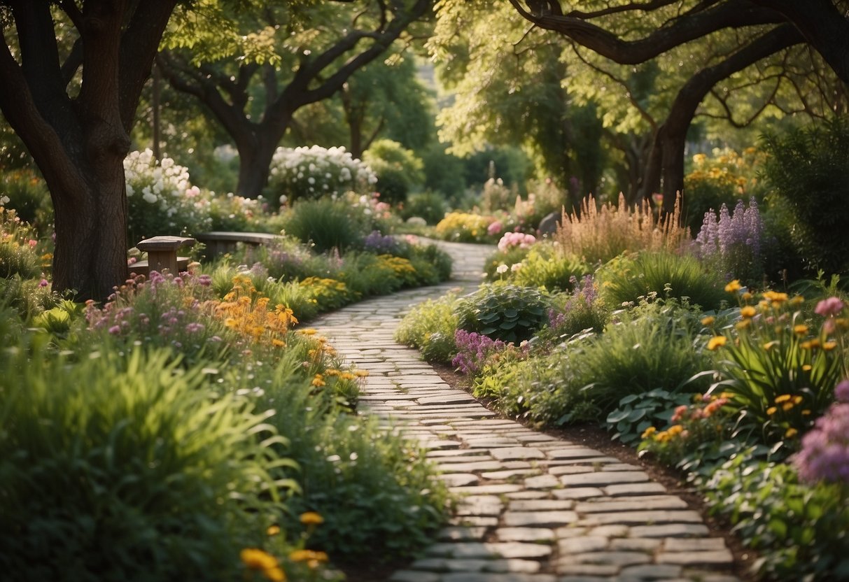 A garden walkway winds through lush greenery, lined with colorful flowers and surrounded by tall, swaying trees. The path is made of natural stone or rustic wood, creating a serene and inviting atmosphere