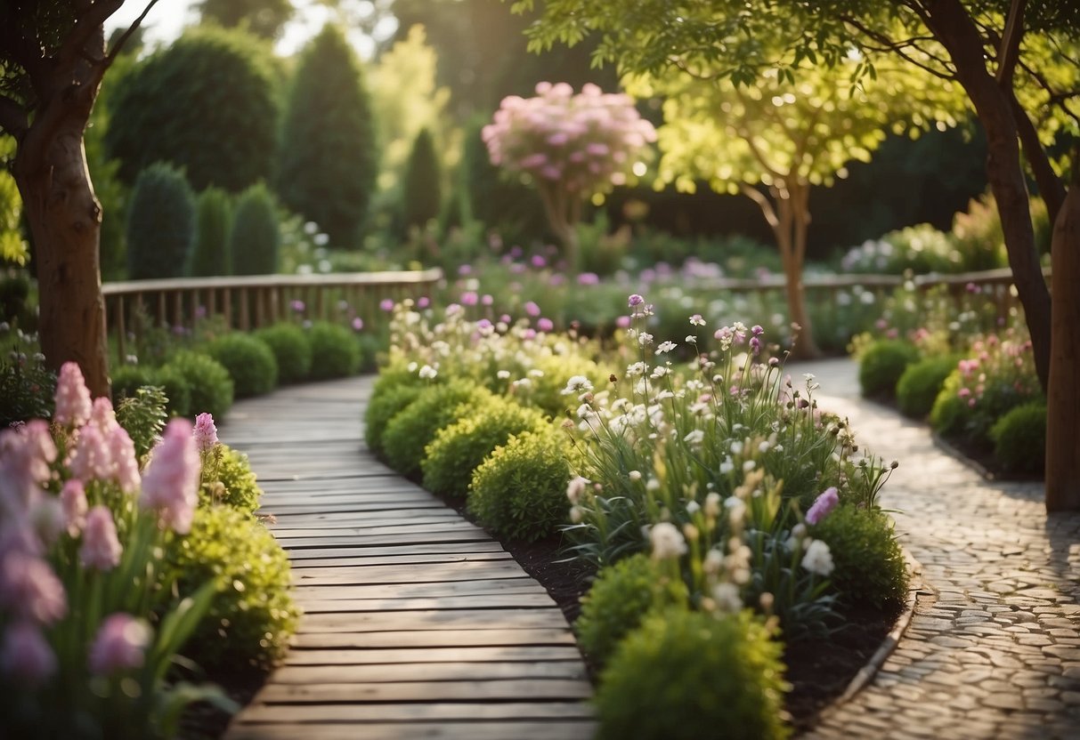 1. A winding wooden pathway through a lush garden with arched trellises, flower beds, and small seating areas