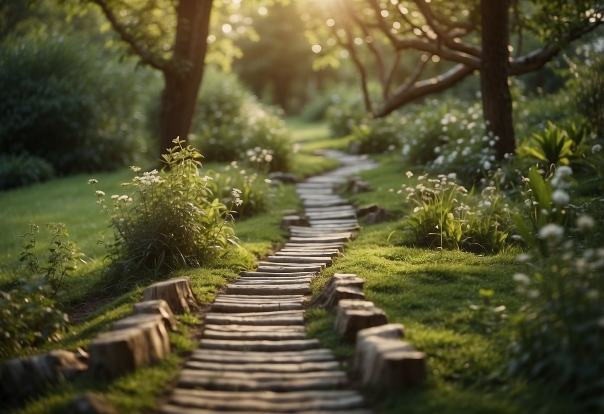 A winding garden path made of rustic log steppers leads through a lush green landscape, creating a natural and inviting walkway