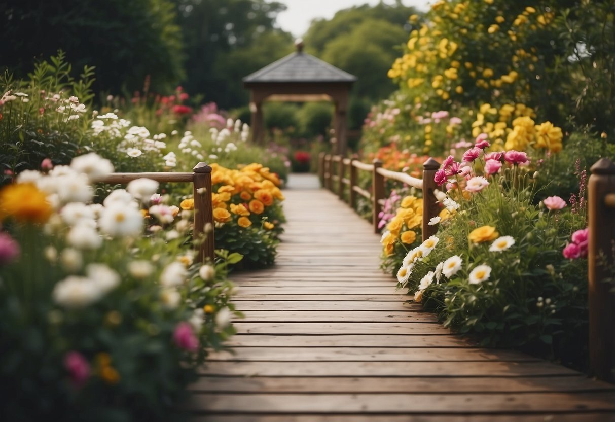 A wooden walkway winds through a garden, lined with vibrant flowers in full bloom