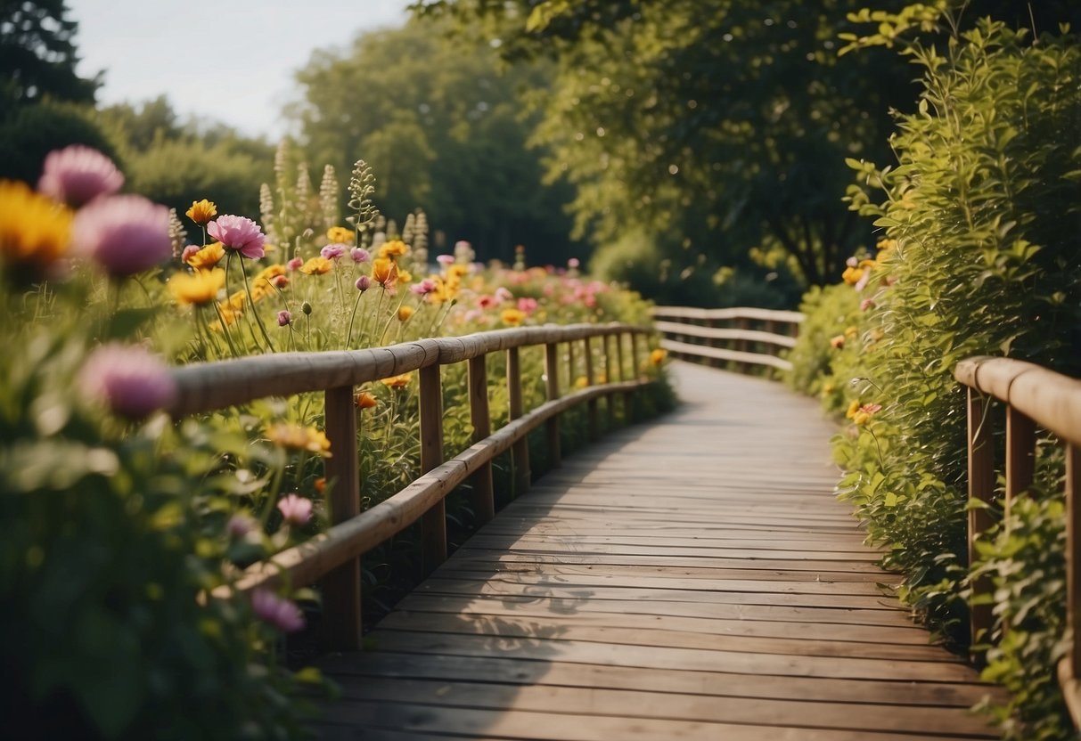 A wooden boardwalk with railings winds through a lush garden, surrounded by vibrant greenery and blooming flowers