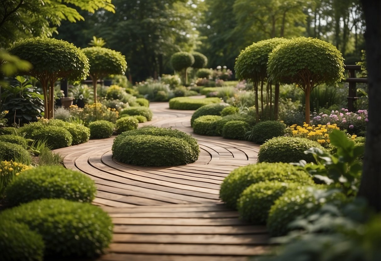 A garden path made of round timber pavers winds through lush greenery, with 10 unique wooden walkway designs to choose from