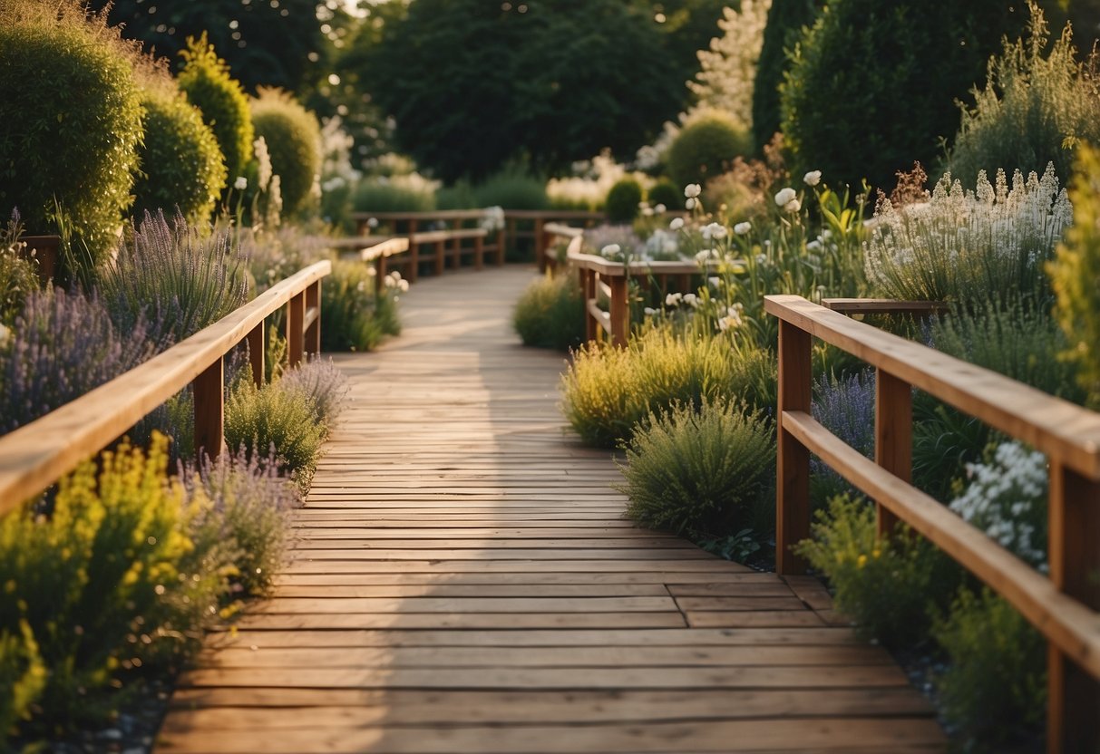 A garden with 10 different wooden walkway designs, each leading to different areas. Various types of wood are laid out, showcasing different textures and patterns