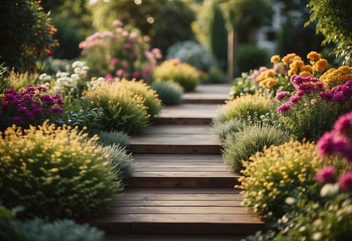 A lush garden with 10 different wooden walkway styles, surrounded by vibrant flowers and greenery