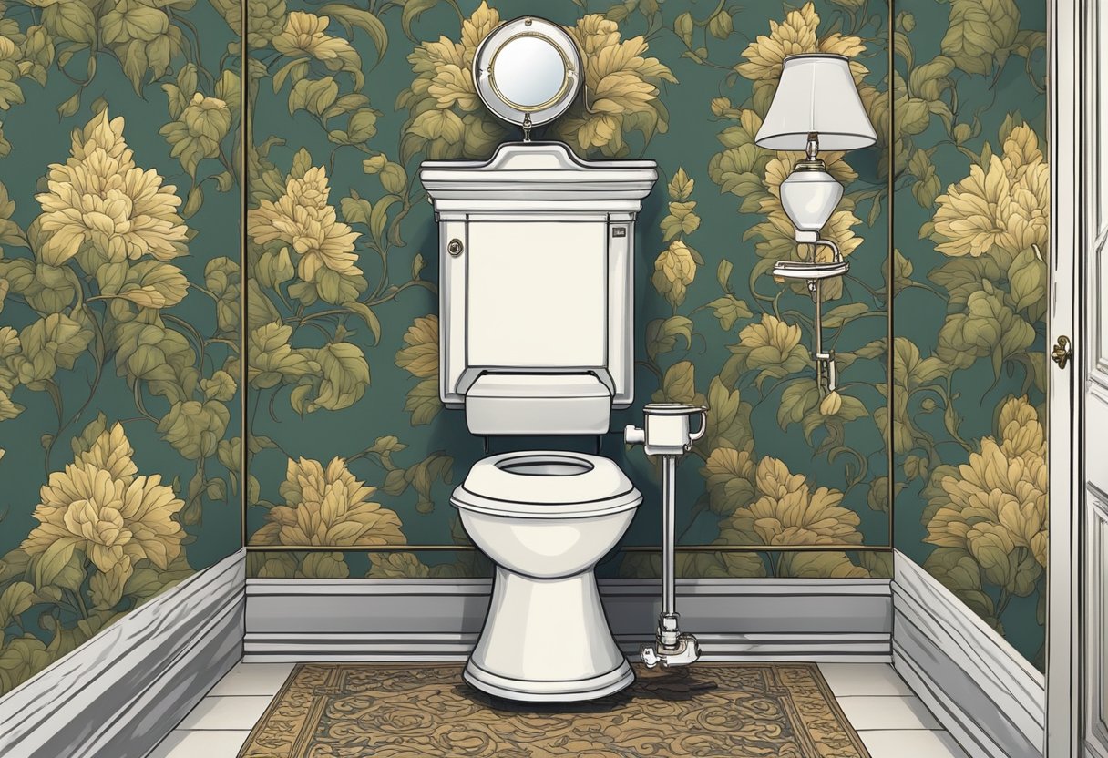 A high tank pull chain toilet hangs on a patterned wallpapered wall, with a vintage-style flush handle and a white porcelain bowl