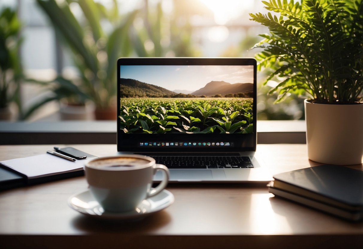 A laptop, notebook, and coffee mug on a desk with a comfortable chair. A window with natural light and a plant in the background