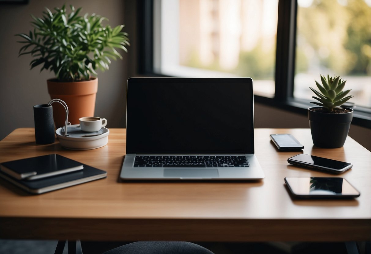 Step 1: Essential equipment laid out on a desk: laptops, mobile devices, software, and applications for setting up a virtual office for remote workers