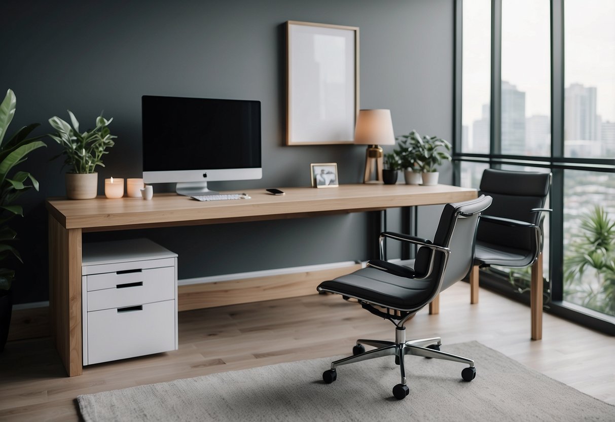 A modern, minimalist office space with sleek furniture and technology, featuring a seamless virtual connection for remote workers