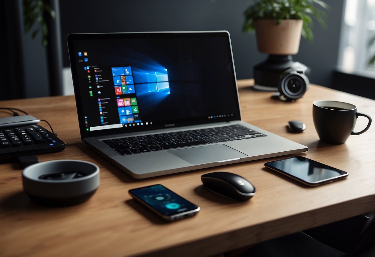 A modern desk with a laptop, headset, and remote work essentials, surrounded by a virtual office backdrop