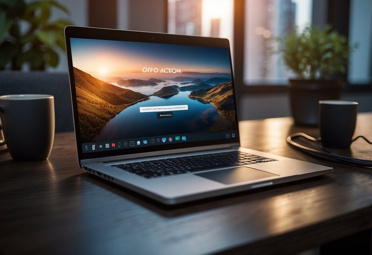 A laptop and headset on a desk with a virtual office background on the screen. A "Call to Action" button for Callin.io visible on the screen