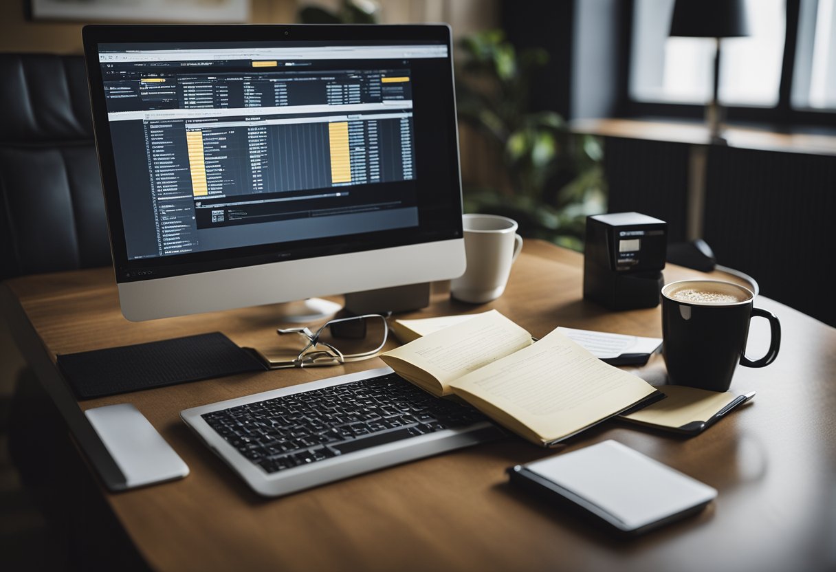 A desk with a computer open to the Betfair Exchange website, a pen and paper for note-taking, and a cup of coffee