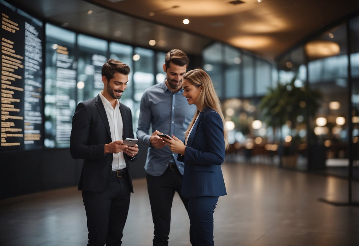 A business setting with two people exchanging messages on their phones, with a list of key considerations for choosing a messaging app displayed on a nearby screen