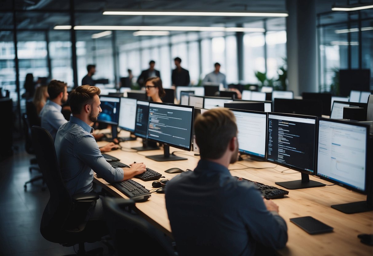 A bustling office with employees using real-time messaging apps on their computers and mobile devices to communicate and collaborate on projects