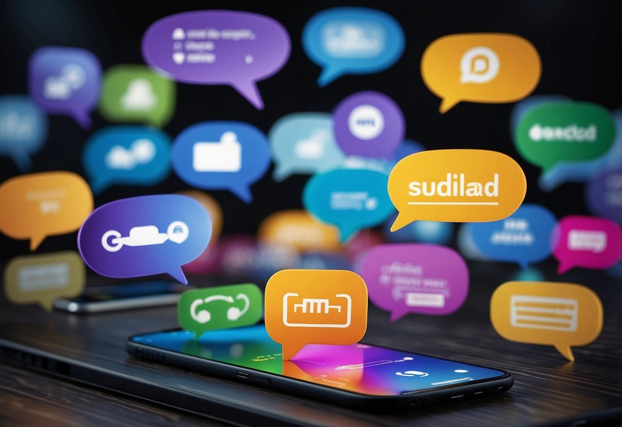 Multiple speech bubbles with positive reviews float above various smartphones, showcasing real-time messaging apps for business