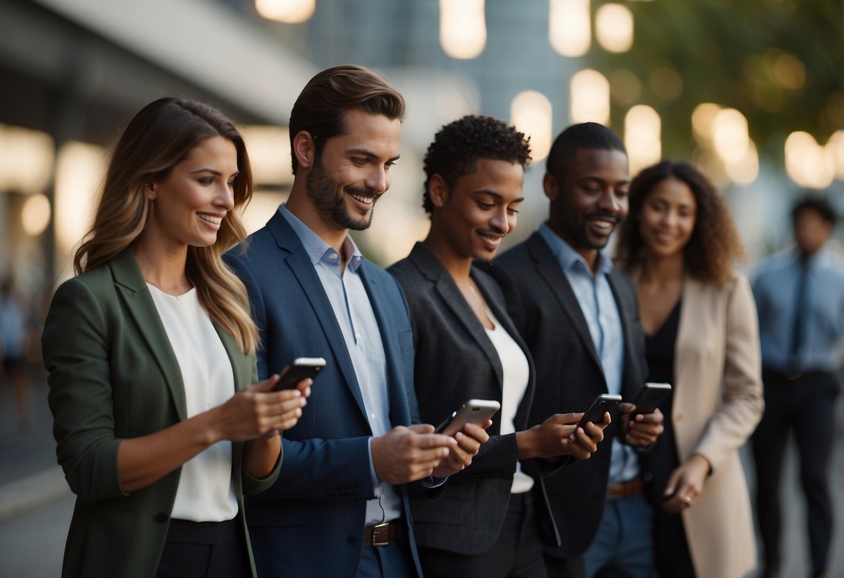 A group of people are shown using real-time messaging apps on various devices in a business setting. The focus is on the interaction and communication taking place