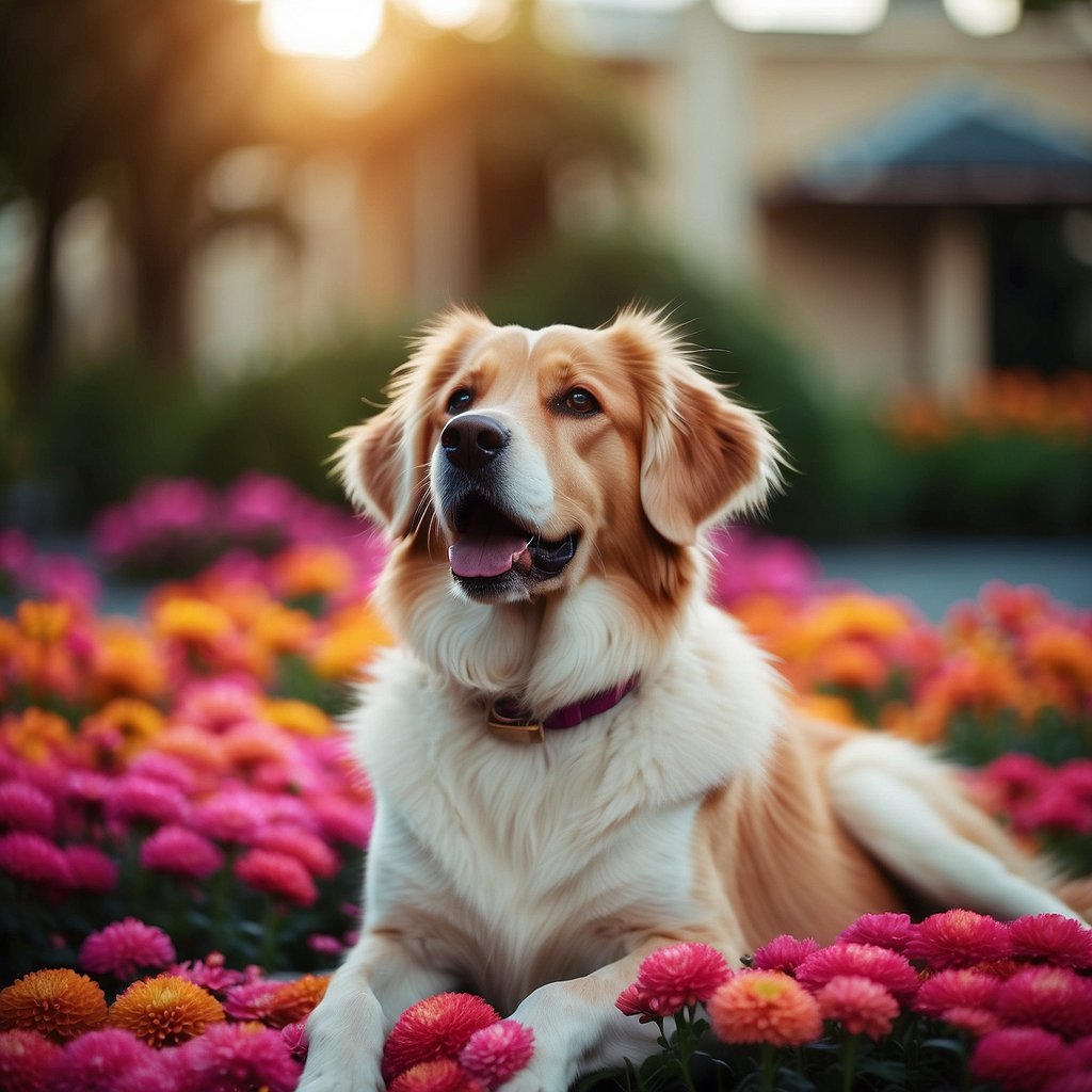 A colorful array of exotic flowers surrounds a regal-looking female dog, highlighting her unique and striking presence