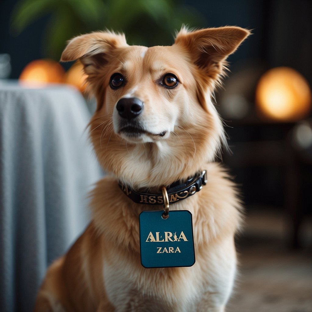 An exotic female dog stands proudly with a name tag reading "Athena" or "Zara" in an elegant font