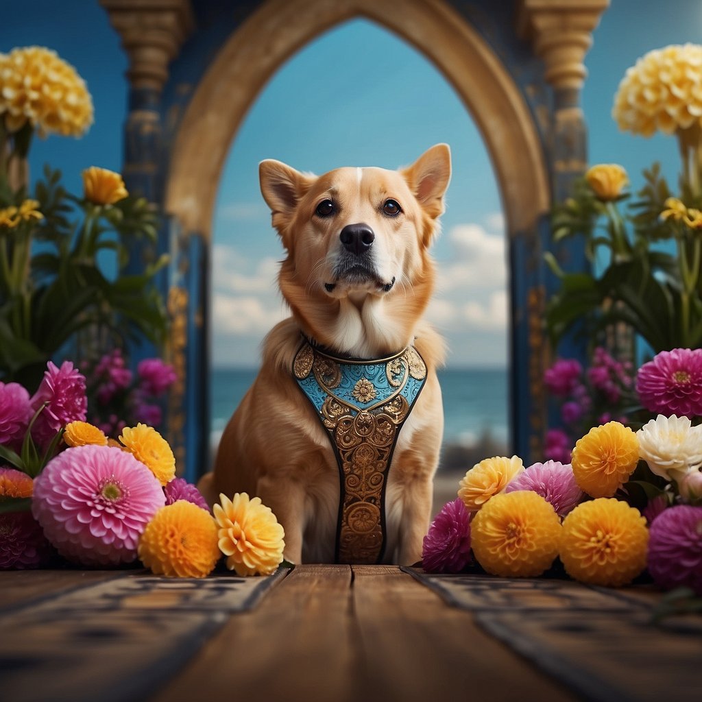 A colorful array of exotic flowers surrounds a regal female dog, her name written in elegant calligraphy