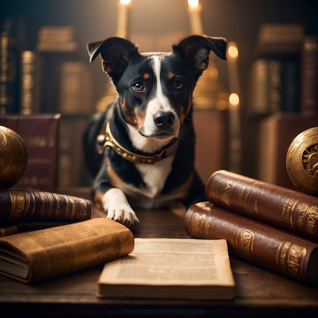 An elegant, mystical female dog stands among ancient scrolls and exotic literary symbols, embodying the essence of mythology and literature