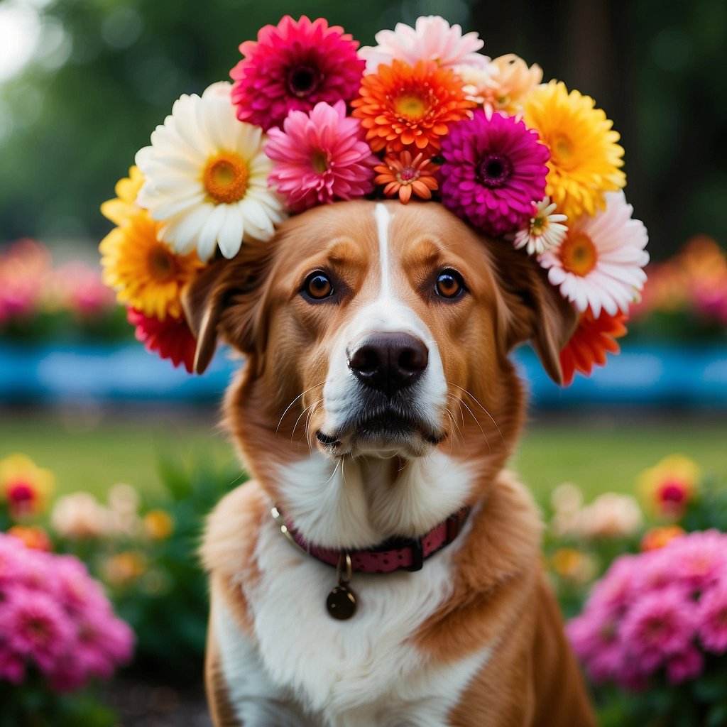 A colorful array of exotic flowers surrounds a regal female dog, her name displayed in elegant script above her head