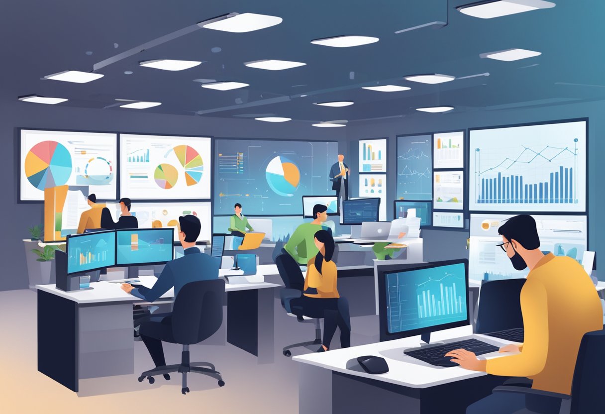 A group of people analyzing data and conducting research in a modern office setting. Multiple computer screens, charts, and graphs are visible