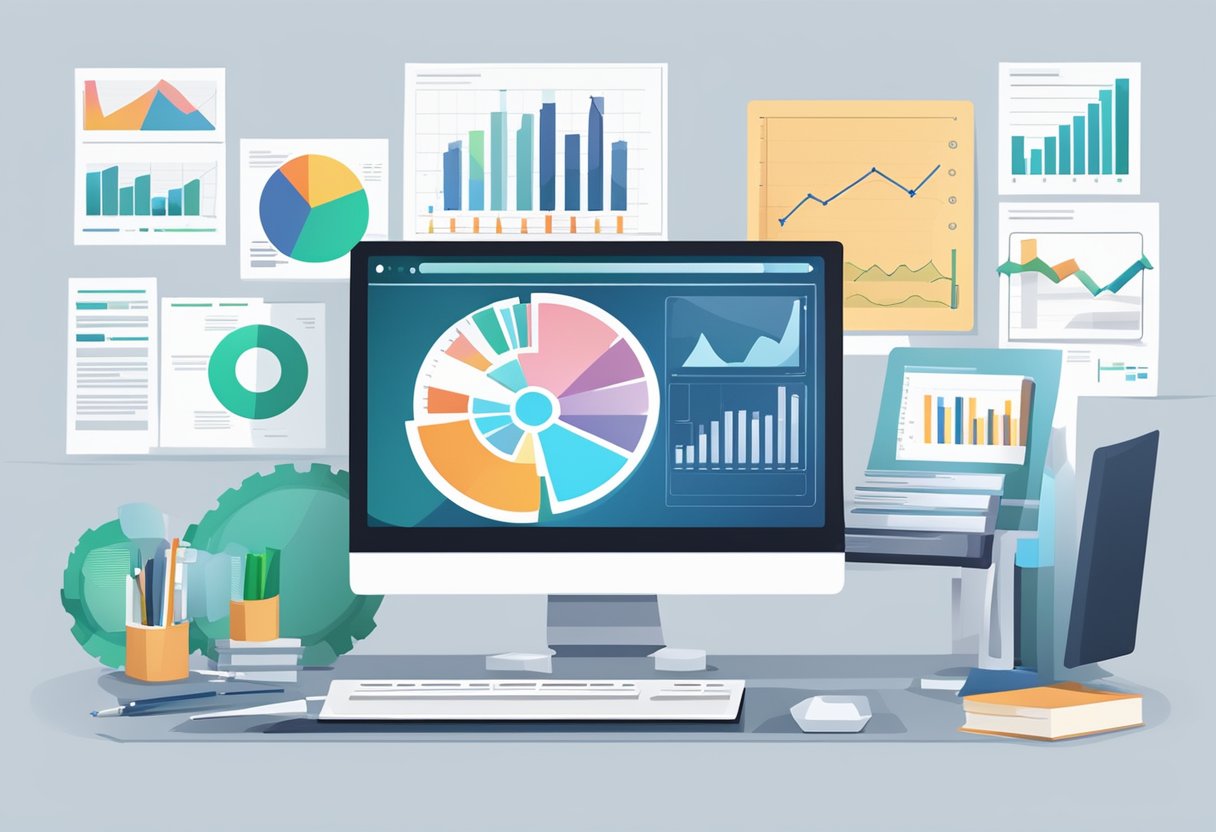 A computer displaying data analysis software with charts and graphs, surrounded by research papers and business reports