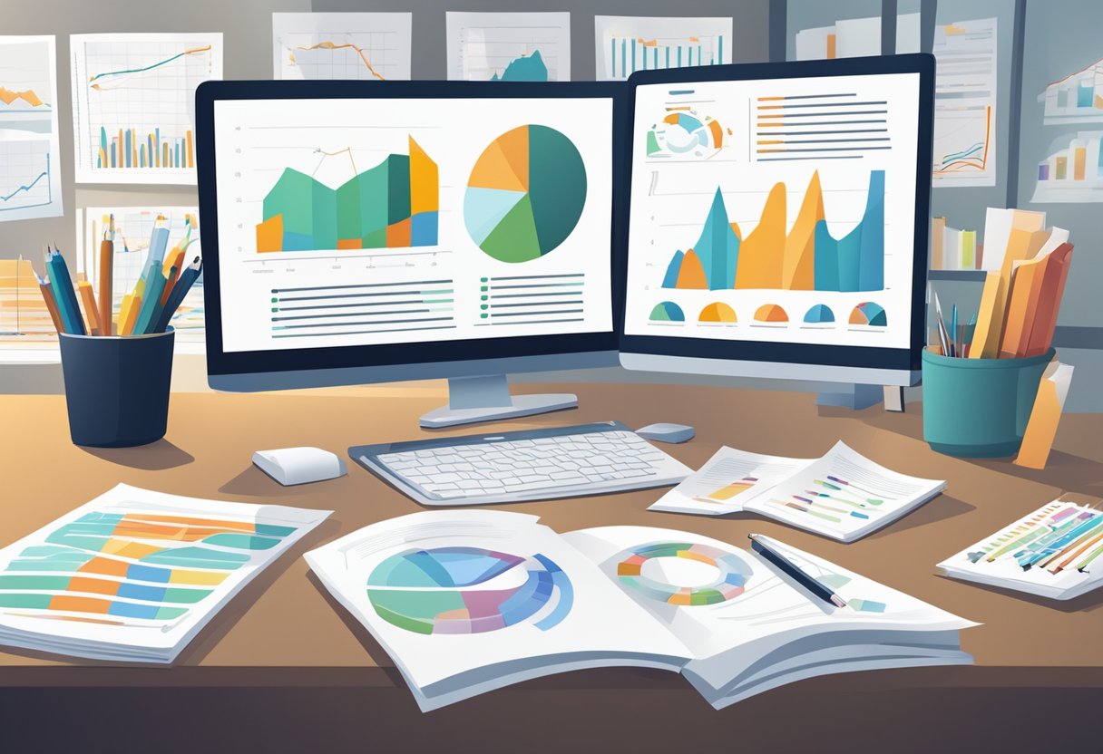 A desk cluttered with research papers, charts, and data analysis tools. A computer screen displaying graphs and statistics. Books on business strategy and analysis