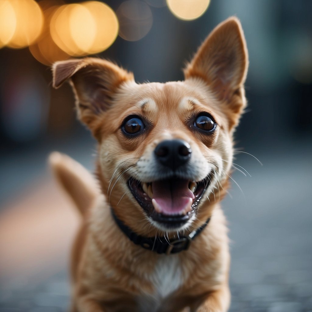 A small dog with furrowed brows barks loudly at passing objects