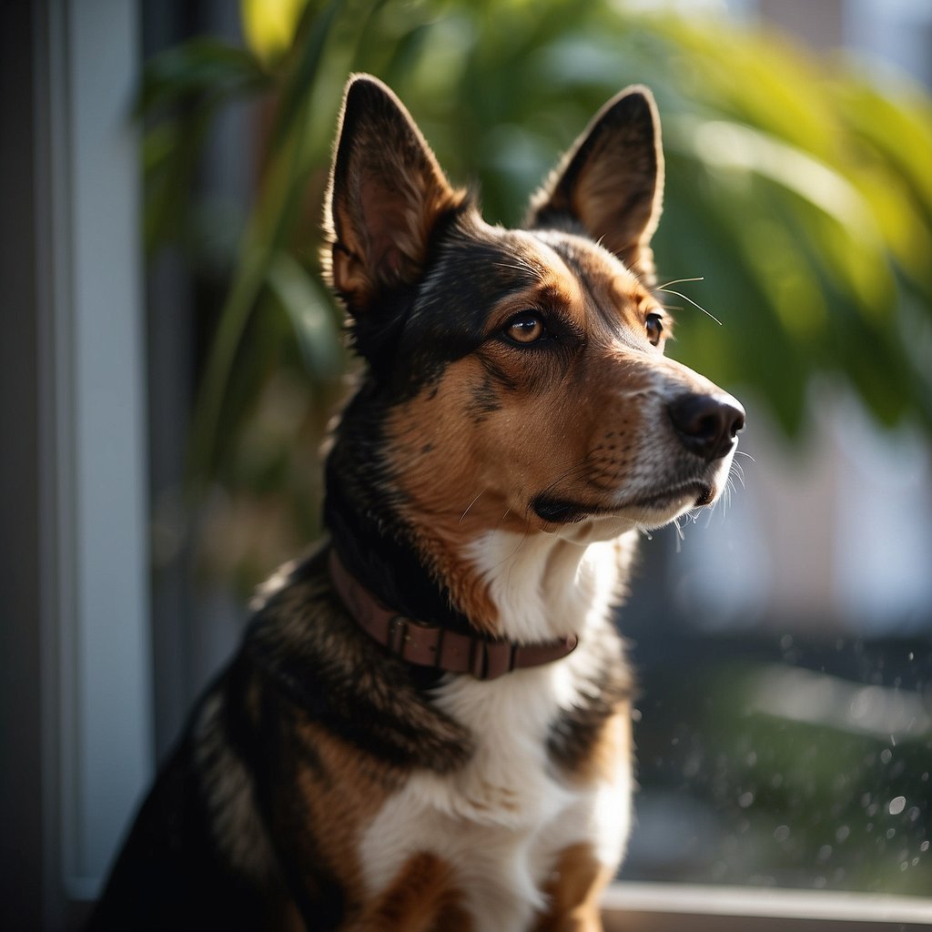 A dog stands at a window, barking at passing objects. Its ears are perked up and its body is tense