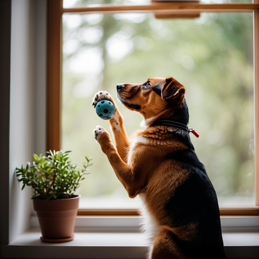 A dog stands at a window, barking at passing objects. Trainer holds a clicker and treats, ready to implement positive reinforcement techniques