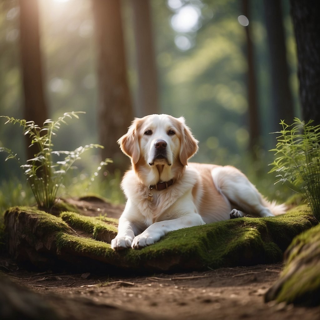 A serene scene with a dog peacefully resting, surrounded by tranquil nature, undisturbed by passing objects