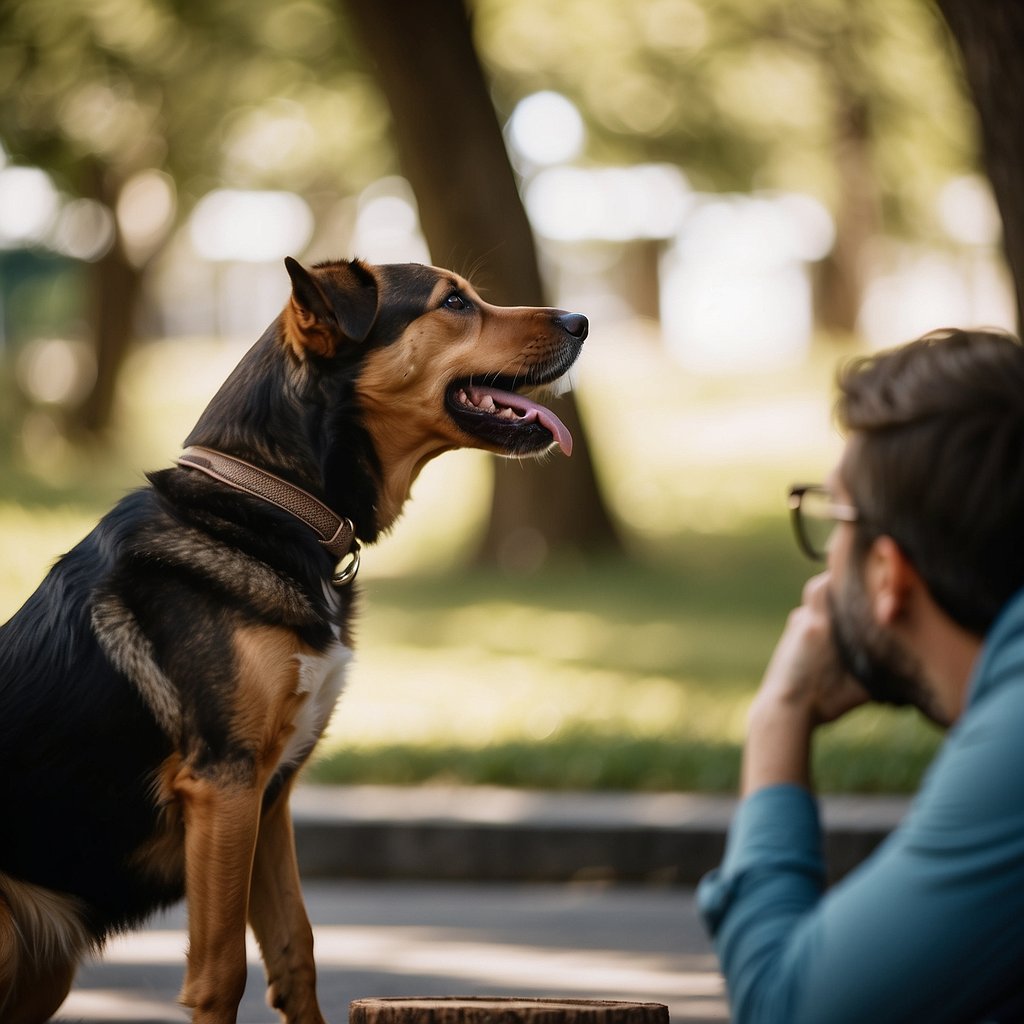 A dog barking at various objects passing by, with a concerned owner looking on