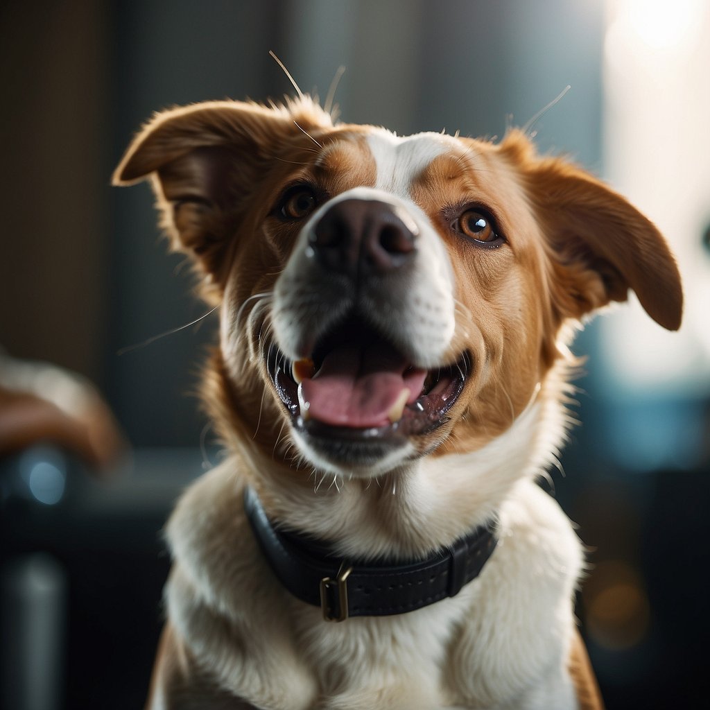 A dog with irritated ears shakes its head vigorously, while small ear mites and wax are visible inside the ear canal