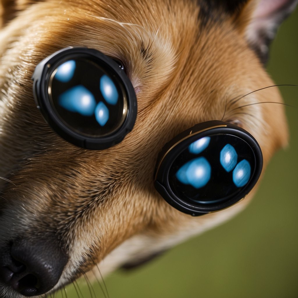 A dog's ear with a magnified view of ear mites and ear wax