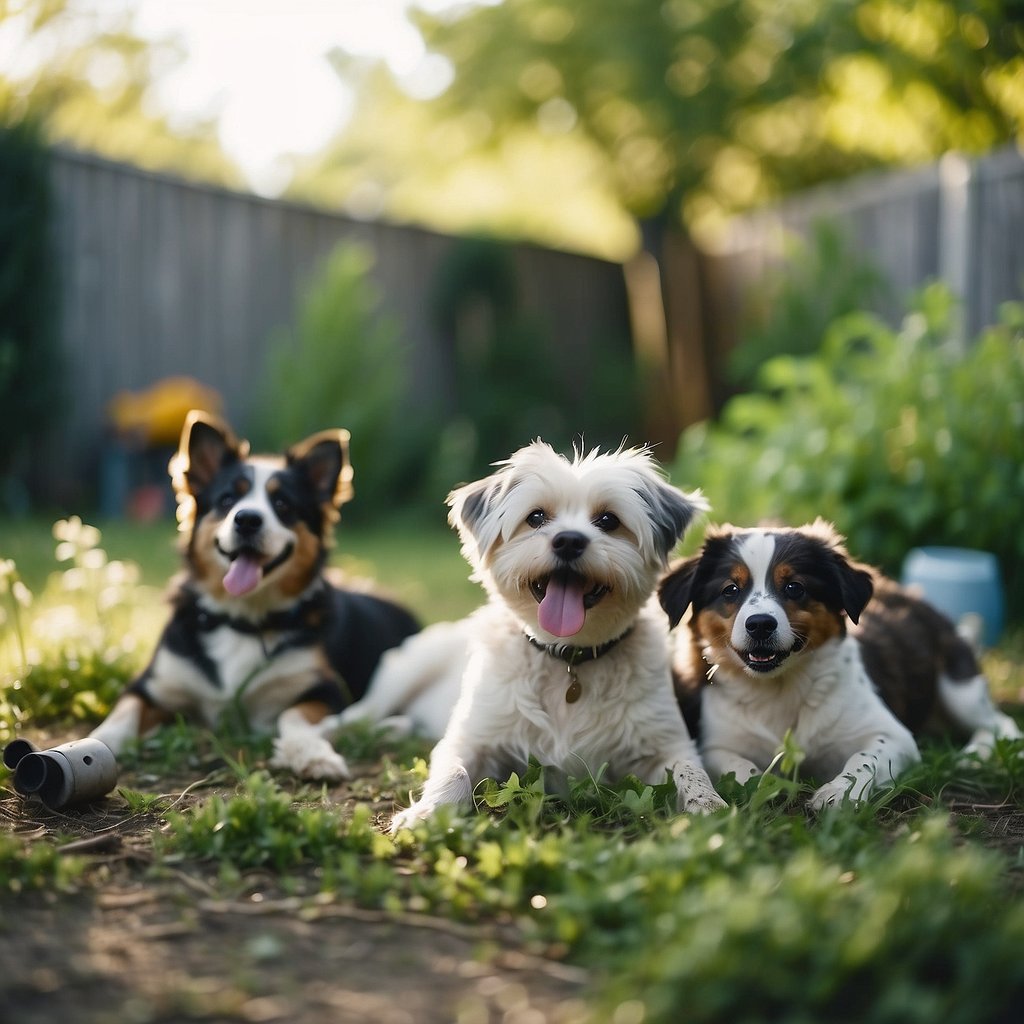A group of ugly dog breeds lounging in a messy backyard, with overgrown weeds and broken toys scattered around