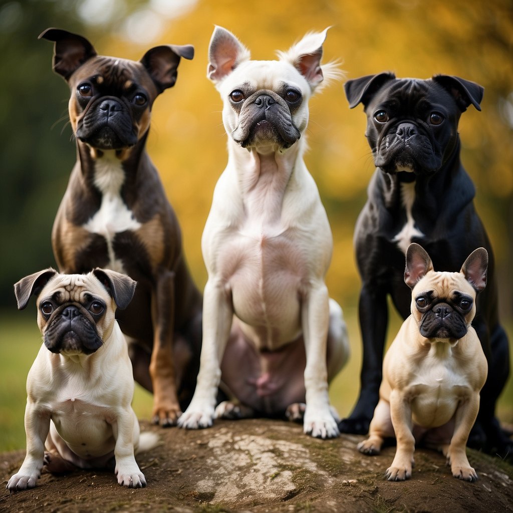 A group of less-traditionally attractive dog breeds, such as the Chinese Crested, Bulldog, or Pug, gathered together, showcasing their unique physical traits