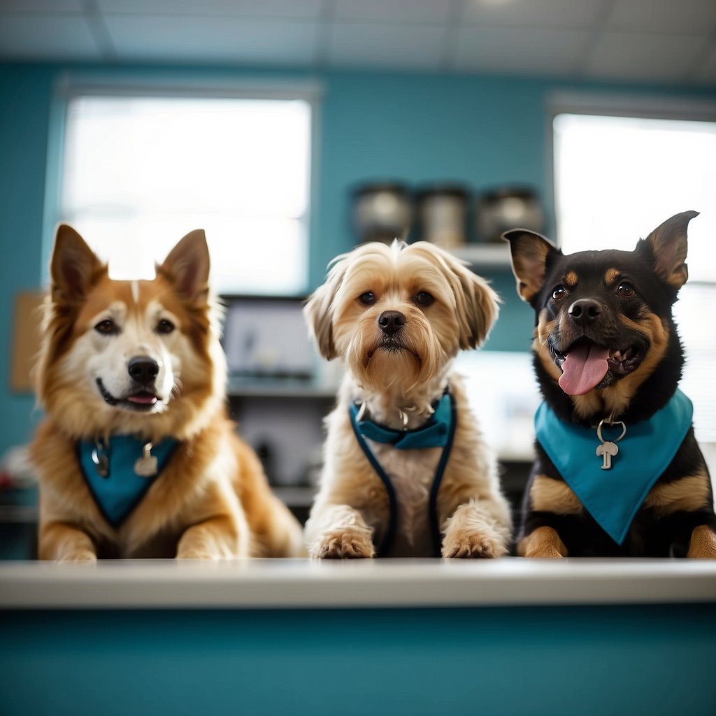 A group of 'ugly' dog breeds receiving love and care from a veterinarian in a bright and welcoming clinic setting