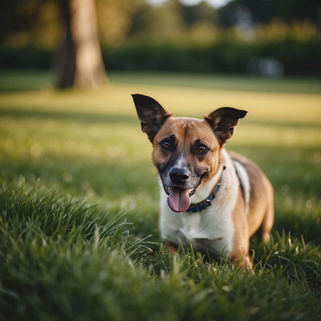 A dog voraciously munching on grass