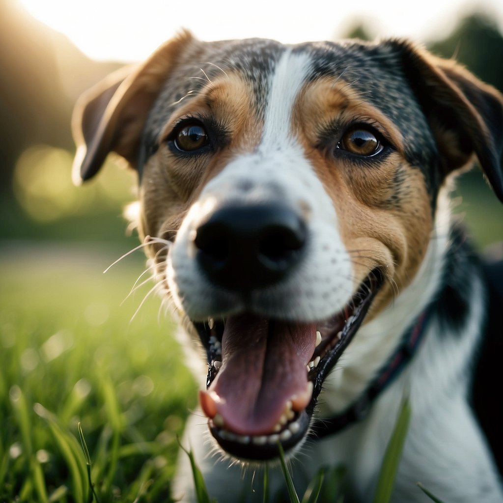 A dog voraciously chomping on grass, tongue lolling out, eyes wide with determination