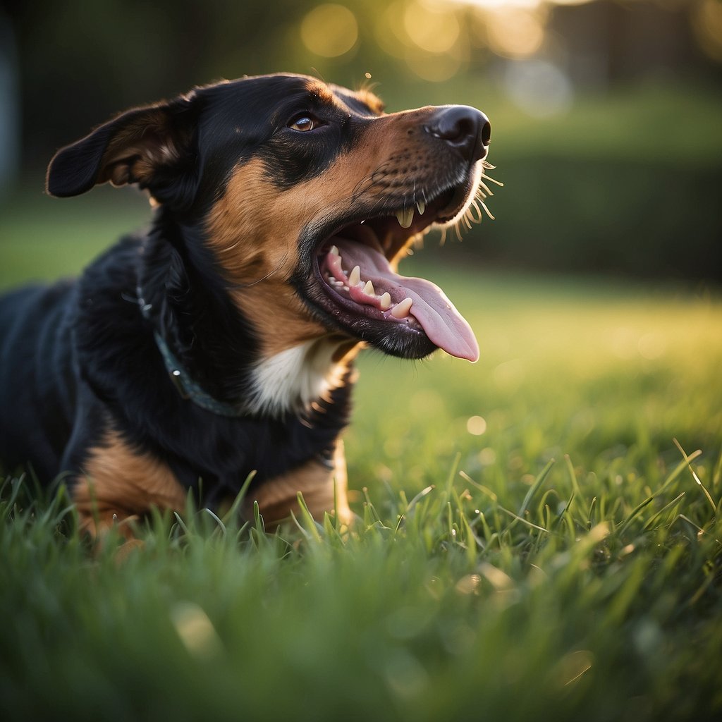 A dog frantically chomping on grass, with a concerned expression and possible signs of discomfort