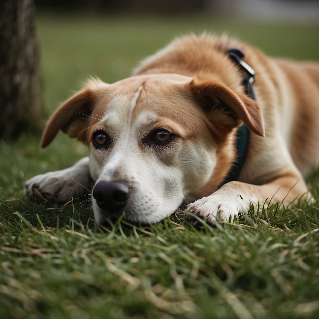 A dog voraciously munches on grass, its head low to the ground