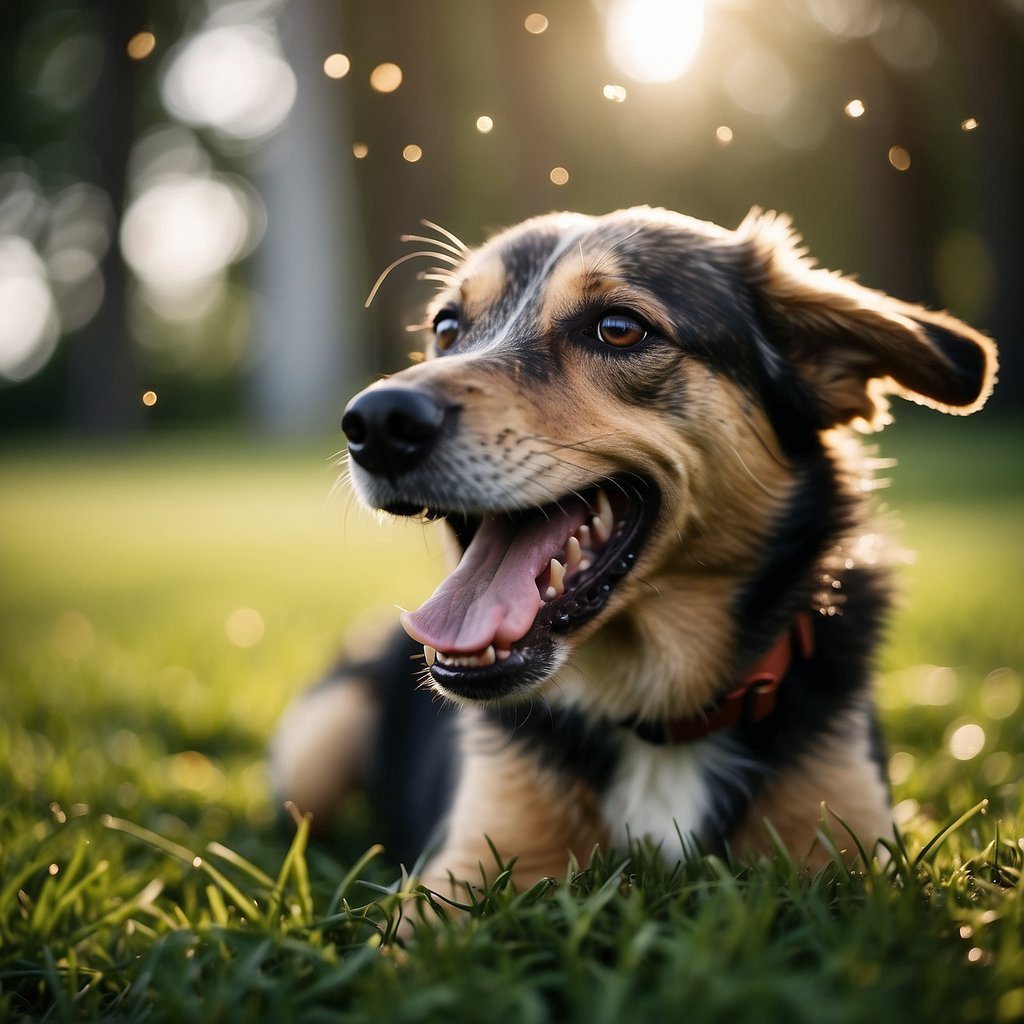 A dog voraciously chomping on grass