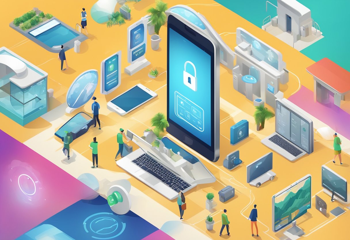 A smart tourism scene with digital devices, secure lock icons, and trust symbols, surrounded by privacy walls and technology shaping travel experiences