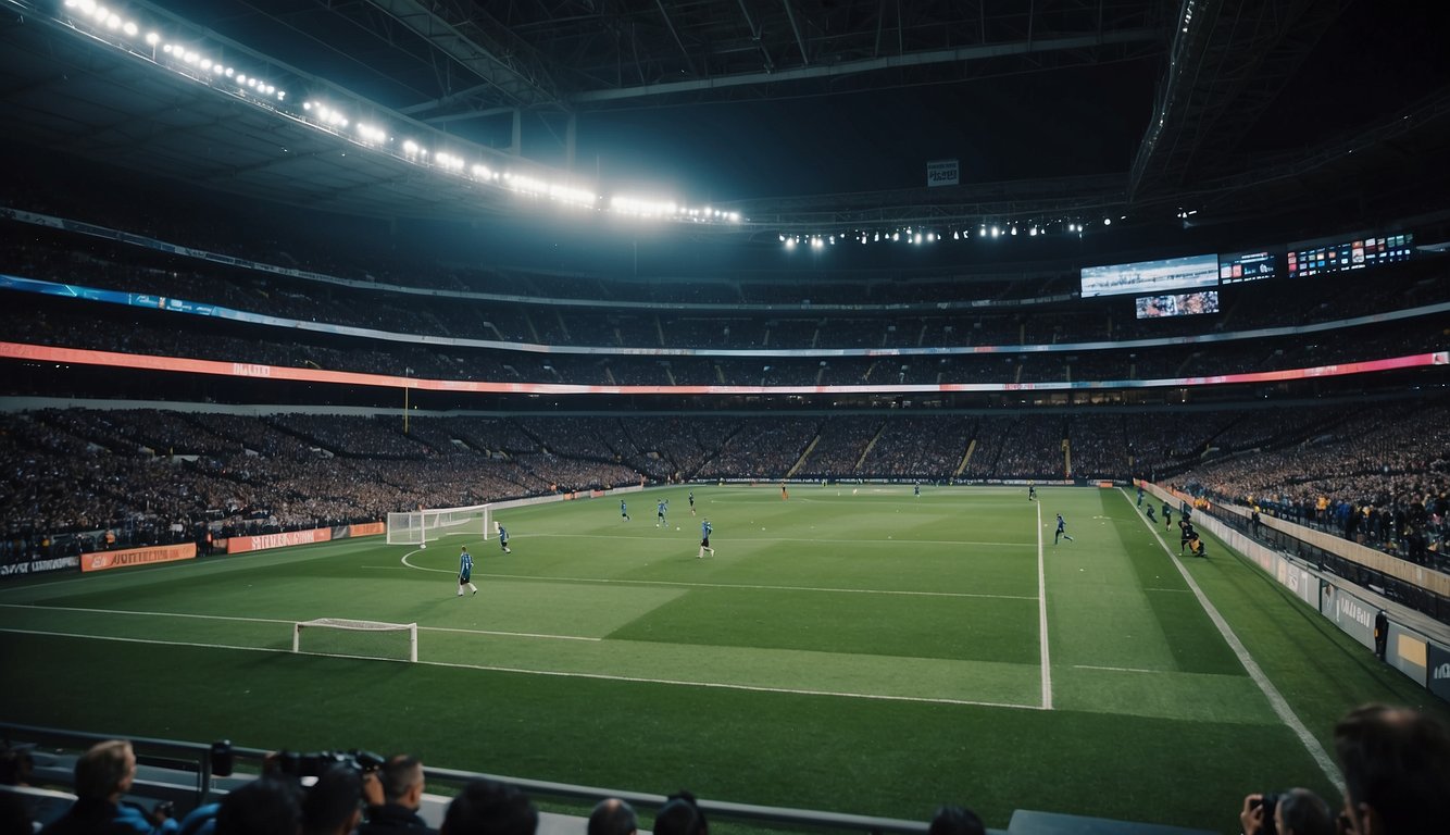 A stadium filled with high-tech equipment, screens displaying real-time data, and players wearing sensors for performance analysis